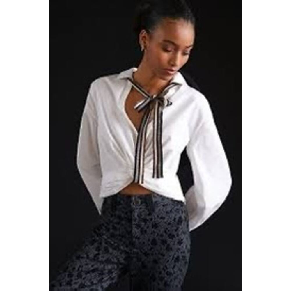 Anthro Sunday in Brooklyn White Twist Front Cotton V Neck Long Sleeve Top Size S